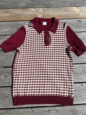 Urban Outfitters Maroon & Cream Houndstooth Polo Sweater